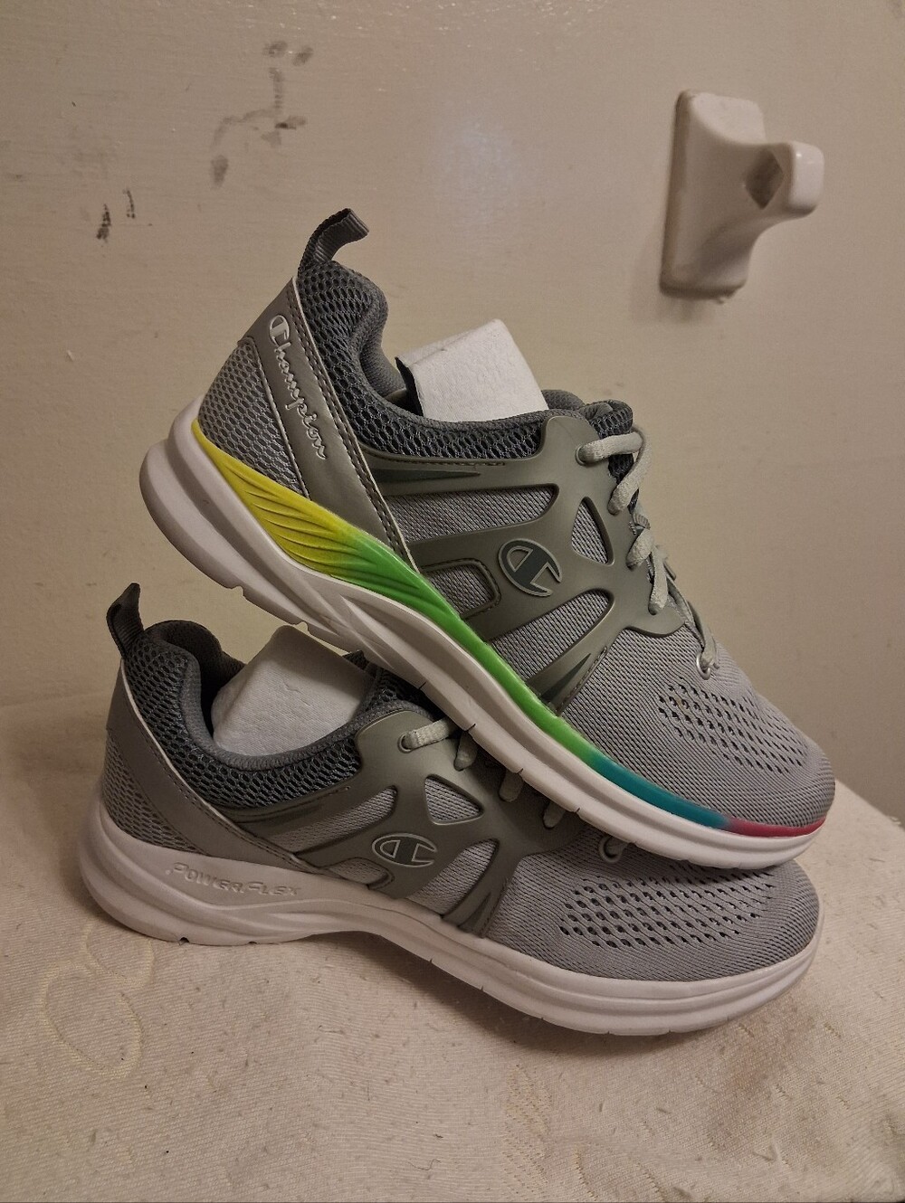 Champion Girl's Grey Athletic Sneakers with Rainbow Accent, Size 6.5